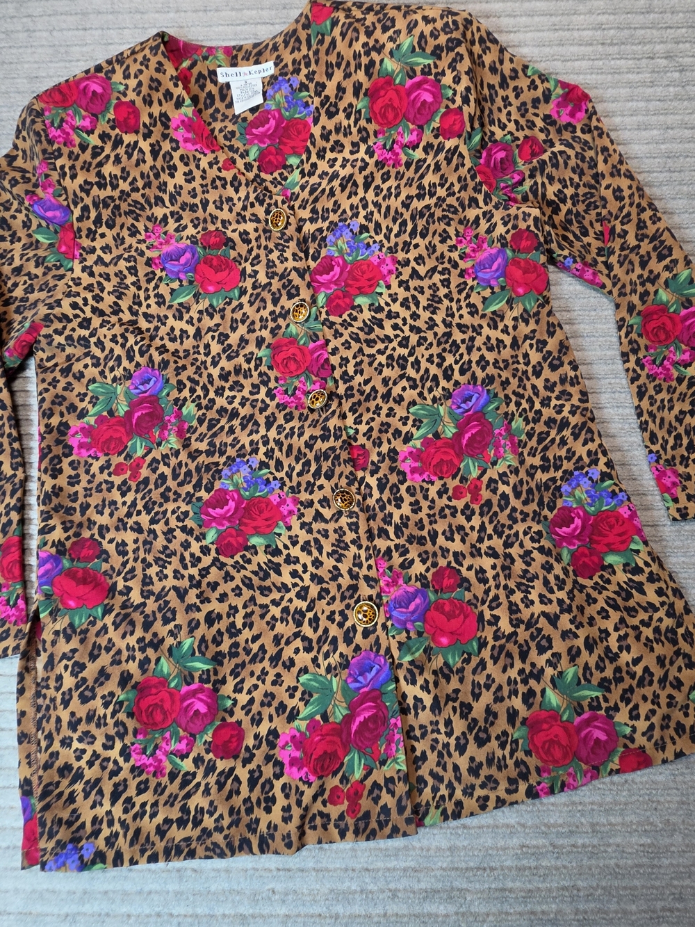 St. John Floral Leopard Print Blazer Jacket - Tan with Red/Purple Roses
